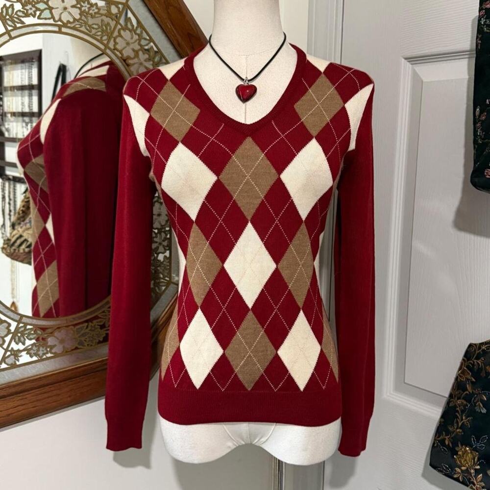 346 Brooks Brothers Red & Cream Argyle V Neck Long Sleeve 100% Wool Sweater XS